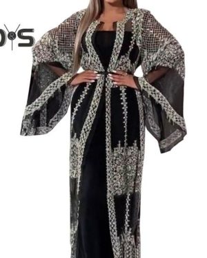 (black, S) 2 Pcs/set Women Evening Dress Big Swing Shiny Bronzed Cardigan Slip Dress Set See-through Mesh Long Sleeve Coat Cocktail Events Special Occ