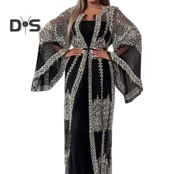 (black, S) 2 Pcs/set Women Evening Dress Big Swing Shiny Bronzed Cardigan Slip Dress Set See-through Mesh Long Sleeve Coat Cocktail Events Special Occ