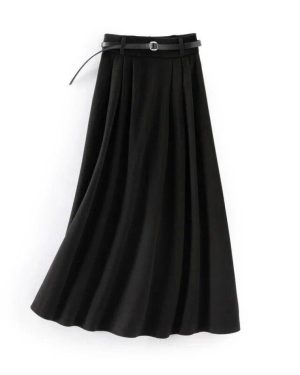 (black, S) Fashion Office Lady Pleated Skirt Women Elegant High Waist Loose A-line Skirts Female Autumn Winter Woolen Coffee Long Skirt 29914