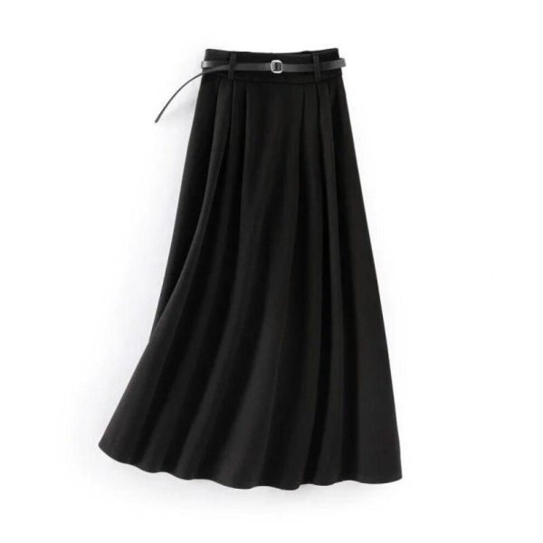 (black, S) Fashion Office Lady Pleated Skirt Women Elegant High Waist Loose A-line Skirts Female Autumn Winter Woolen Coffee Long Skirt 29914