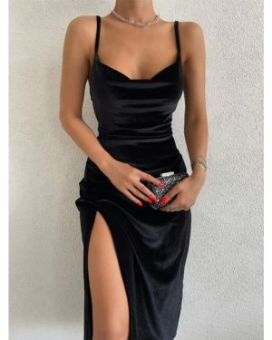 (black, S) Hugcitar Velvet Swing Collar Sleeveless Slip Sexy Slit Maxi Dress 2023 New Fashion Evening Party Women Elegant Streetwear