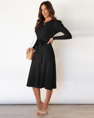 (black, S) Winter Fall Solid Long Knit Dress O-neck Long Sleeve High Waist Big Swing S-xxl