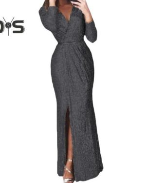 (black, S) Women Evening Dress Deep V Neck Sequin Decor Long Sleeves Elastic Waist Pleated Split Hem Solid Color Formal Occasions Wedding Party Prom M
