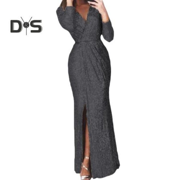 (black, S) Women Evening Dress Deep V Neck Sequin Decor Long Sleeves Elastic Waist Pleated Split Hem Solid Color Formal Occasions Wedding Party Prom M
