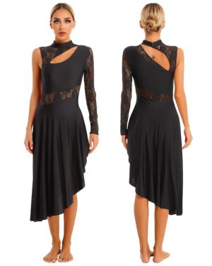 (black, S) Women's Asymmetrical Praise Dance Tunic Dress Lyrical Dancewear Lace Spliced Cutout Dress Dance Party Dress