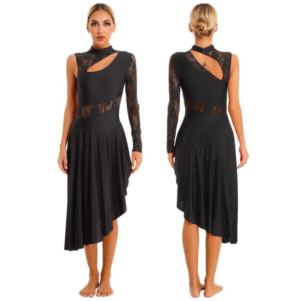 (black, S) Women's Asymmetrical Praise Dance Tunic Dress Lyrical Dancewear Lace Spliced Cutout Dress Dance Party Dress