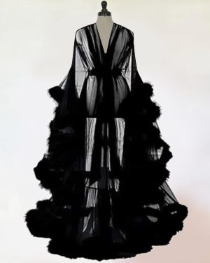 (black) Women Fashion Tulle Robe Long Lingerie Nightgown Bathrobe Sleepwear Feather Bridal Robe Lace Lingerie Free