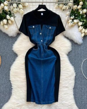 (black, XL) New Trendy Casual Dress Women's Contrast Vintage Denim Panel Short Sleeve Slim Fit Pencil Dress