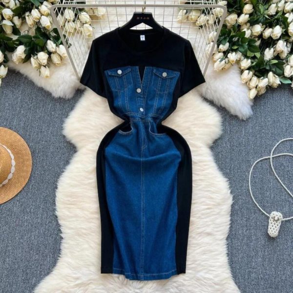 (black, XL) New Trendy Casual Dress Women's Contrast Vintage Denim Panel Short Sleeve Slim Fit Pencil Dress