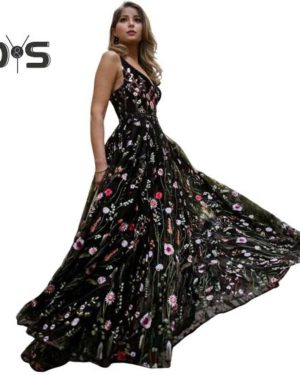 (black, XL) Women Evening Dress V Neck Sleeveless Floral Embroidery Backless A-line High Waist Double-layer Ball Cocktail Party Banquet Maxi Dress