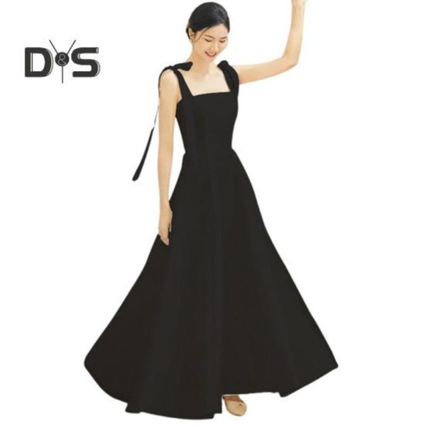 (black, XXL) Women Wedding Dress Satin Lace-up Shoulder Strap Bow Square Neck A-line Big Swing Solid Color Sleeveless Filming Photo Taking Evening Dre