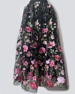 (black,floral, S) "2024 Elegant High Waist A-line Skirt: Spring/autumn Women's Embroidered Midi Skirt"