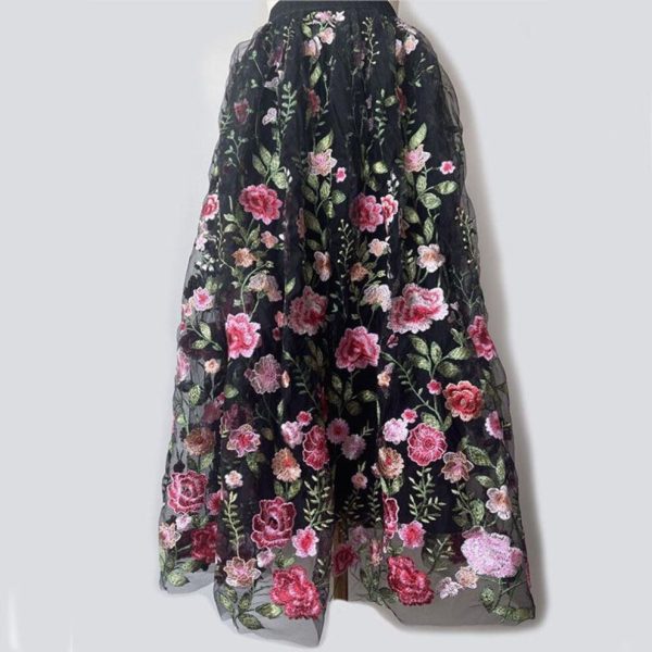 (black,floral, S) "2024 Elegant High Waist A-line Skirt: Spring/autumn Women's Embroidered Midi Skirt"