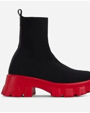 (black,red, 43) 2024 Casual Stretch Fabric Platform Boots Fashion Slip-on Women Ankle Boots Knitted Sock Platform Shoes Sports Short Boots Plus Sizes