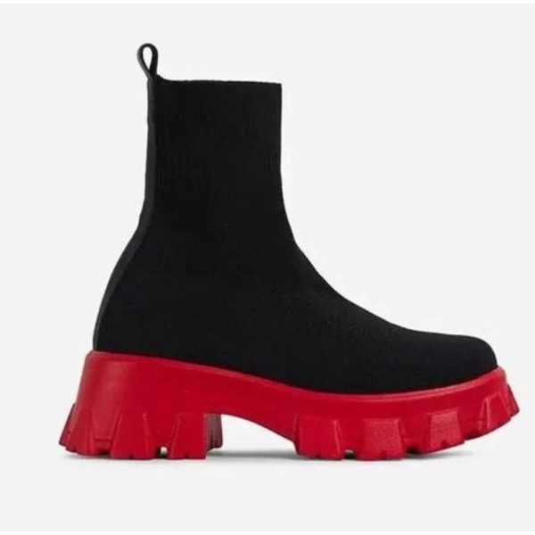 (black,red, 43) 2024 Casual Stretch Fabric Platform Boots Fashion Slip-on Women Ankle Boots Knitted Sock Platform Shoes Sports Short Boots Plus Sizes