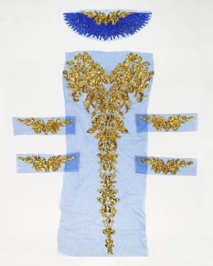 (blue) 1 Set Black Tulle Gold Sequin Embroidery Lace Fabric Tassel Royal Noble Wedding Gown Applique Patch Collar Dress Diy