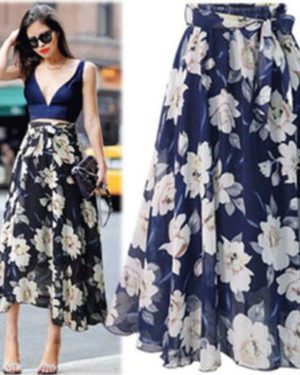 (blue, 2XL) Womens Plain Knee Length Soft Stretch Flared Printed Skater Midi Skirt