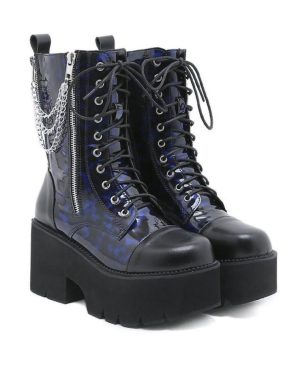 (blue, 37) Blue Chunky Platform Boots Women Mid Calf Combat Boots Chains Metal Decoration Gothic Rave Shoes Cosplay Accessories Goth