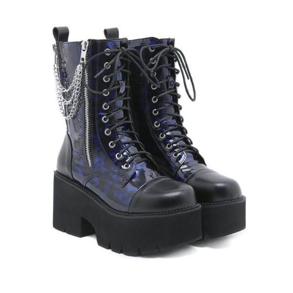 (blue, 37) Blue Chunky Platform Boots Women Mid Calf Combat Boots Chains Metal Decoration Gothic Rave Shoes Cosplay Accessories Goth