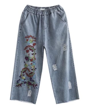 (blue, L) Spring Women's Embroidered Hole Nine-point Straight Wide-leg Pants