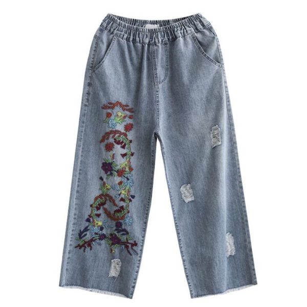 (blue, L) Spring Women's Embroidered Hole Nine-point Straight Wide-leg Pants
