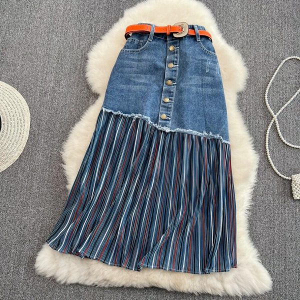 (blue, M) Design Sense Draped And Versatile Chiffon Pleated Stitched Denim Skirt In Spring, Thin And Irregular Medium Length A-line Skirt
