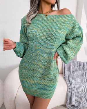 (blue, M) Women Autumn Winter Casual One Line Neck Off The Shoulder Colorful Lantern Sleeve Knitted Sweater Dress S-l