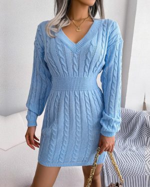 (blue, M) Women Autumn Winter High Waist Twist Wrap V Neck Long Sleeve Solid Color Hip Sweater Dress S-l