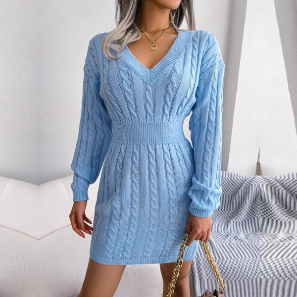 (blue, M) Women Autumn Winter High Waist Twist Wrap V Neck Long Sleeve Solid Color Hip Sweater Dress S-l