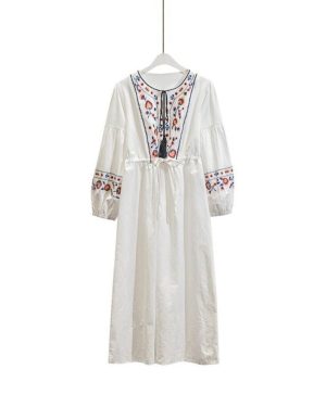 (blue, Medium) "retro High-waist Embroidered Cotton Maxi Skirt"