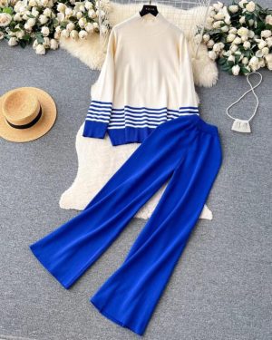 (blue, One Size) Fall Winter Women Turtleneck Long Sleeve Striped Knitted Pullover Tops + Wide-leg Pants Suits Two Piece Set Womens Outfits