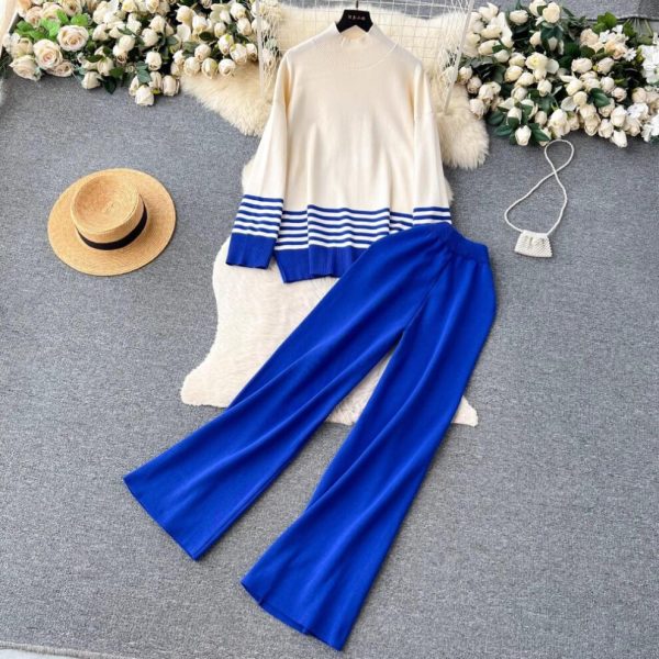 (blue, One Size) Fall Winter Women Turtleneck Long Sleeve Striped Knitted Pullover Tops + Wide-leg Pants Suits Two Piece Set Womens Outfits