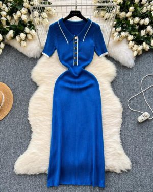 (blue, One Size) New Summer Women's Polo Knitted Dresses Colorblock Elegant Short Sleeve Buttons Bodycon Wrap Dress Female Dress