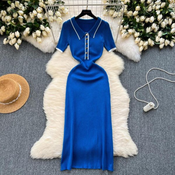 (blue, One Size) New Summer Women's Polo Knitted Dresses Colorblock Elegant Short Sleeve Buttons Bodycon Wrap Dress Female Dress