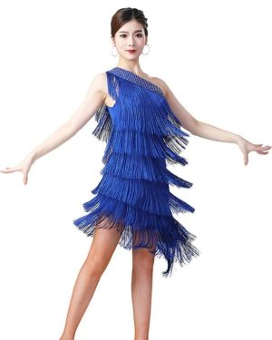 (blue, One Size) Women Sequin Elegant One Shoulder Latin Dance Dress Adult Sexy Tassel Fringe Flapper Dress Ballroom Cocktail Dance Costume