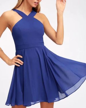(blue, S) Women Sleeveless Backless Sexy Club Mini Dress 2024 Summer Party Strappy Back Zipper Solid Shift Halter Short Dresses