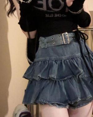 (blue, S) Women's Short Skirt Large Size High Waist Design Denim Skirt Retro Ruffle Wrap Hip Skirt Double Pleated Skirt