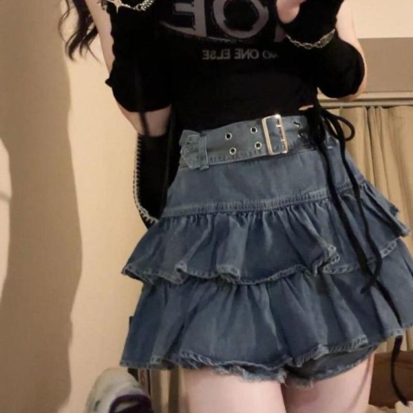 (blue, S) Women's Short Skirt Large Size High Waist Design Denim Skirt Retro Ruffle Wrap Hip Skirt Double Pleated Skirt