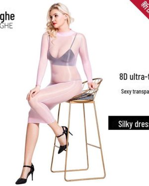 (blue, Sleeveless Vest High Collar Long Dress Side Seam) Qinghe 8d Transparent High Collar Vest Dress & Stockings Jumpsuit - Sexy, Thin, And Oily For