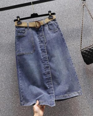 (blue, XL) Dimanaf Plus Size Summer Lady Denim Skirts Women Clothing Blue Fashion A-line Jeans Skirt Belt Waist