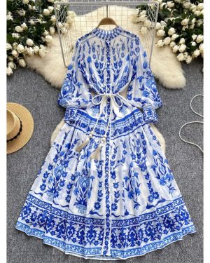 (blue, XL) French Style Court Chiffon Dress Women O Neck Single Breasted Long Sleeve Ladies Print Split Tassel Lace Up Dress