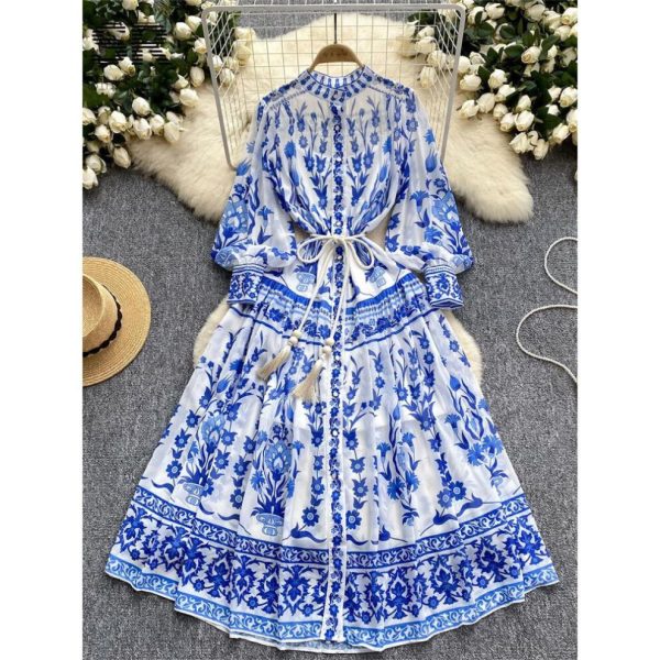 (blue, XL) French Style Court Chiffon Dress Women O Neck Single Breasted Long Sleeve Ladies Print Split Tassel Lace Up Dress
