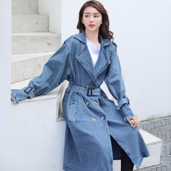(blue, XS) Women's Spring And Autumn Large Size Loose Mid-length Double-breasted Denim Windbreaker Jacket With Belt