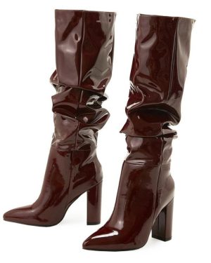 (brown, 40) Eilyken Sexy Street Designer Pointed Toe Knee-High Boot Woman Fashion Patent Leather Chunky High Heels Long Booties Shoes