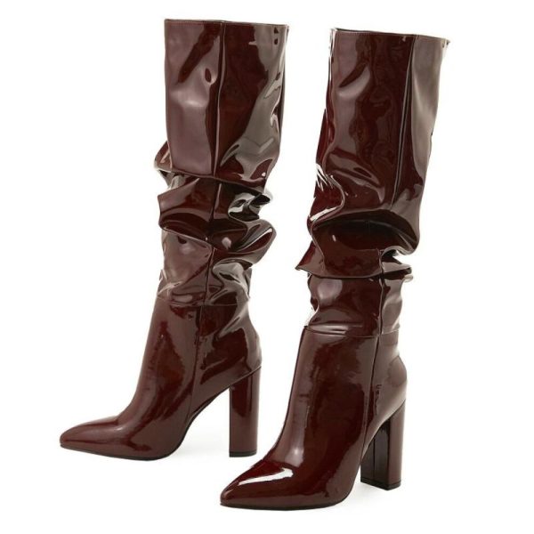 (brown, 40) Eilyken Sexy Street Designer Pointed Toe Knee-High Boot Woman Fashion Patent Leather Chunky High Heels Long Booties Shoes