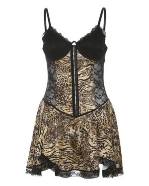 (brown, M) Autumn/winter Women's Sexy Backless Slim See-through Lace Leopard-print Splicing Halter Short Dress