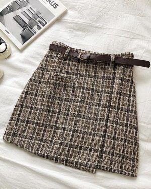 (brown, M) Women Irregular Woolen Skirt Autumn Winter Womens High Waist A-line Mini Skirt Plaid Skirt With Sashes