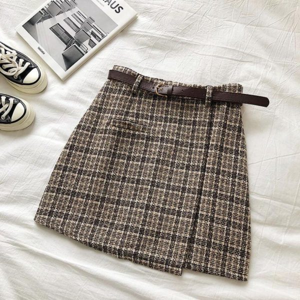 (brown, M) Women Irregular Woolen Skirt Autumn Winter Womens High Waist A-line Mini Skirt Plaid Skirt With Sashes