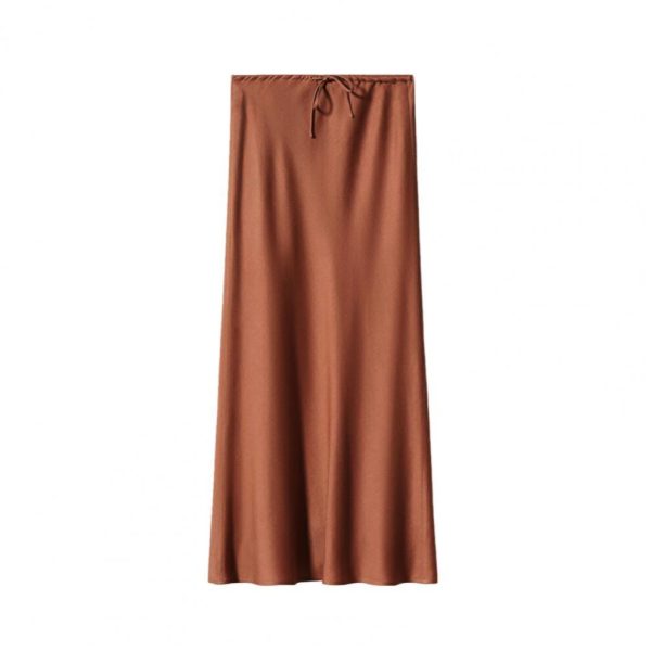 (brown, S) Summer Fall Women's Drawstring Hip Sheath Dress Elegant Silk Satin High Waist Floor-length Skirt Elastic Ankle Length Line A