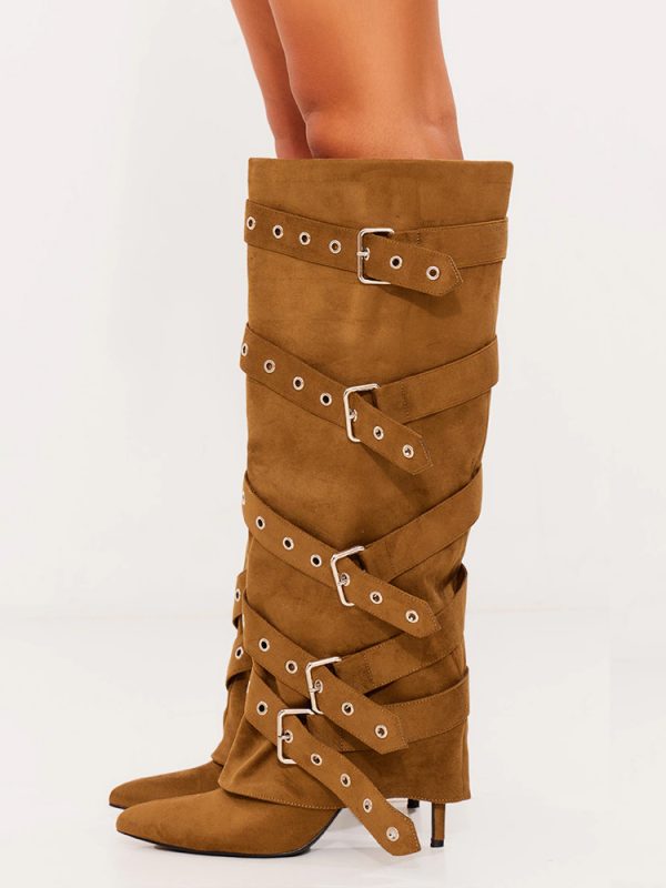 brown foldover boots;suede knee high boots